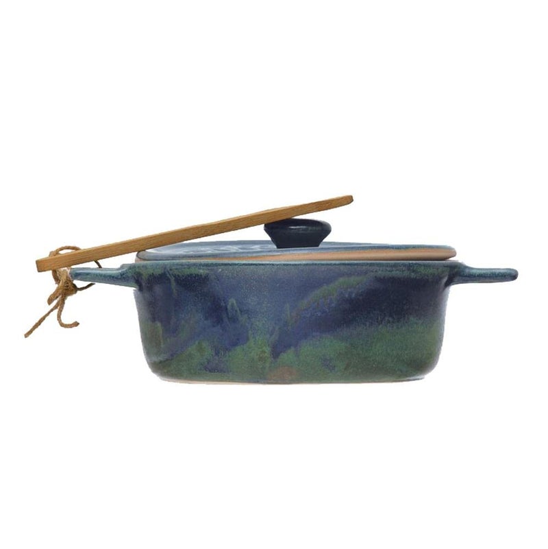 Creative CoOp Stoneware Brie Baker with Bamboo Spreader