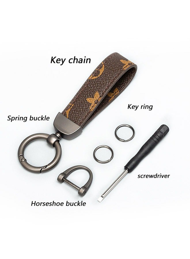Car PU Leather Metal Keychains, Exquisite Printing Leather Zinc Alloy Ring 360° Rotation Car General Purpose Wrist Rope, Key School Bag Car Decoration Pendant (Brown) - Image 3