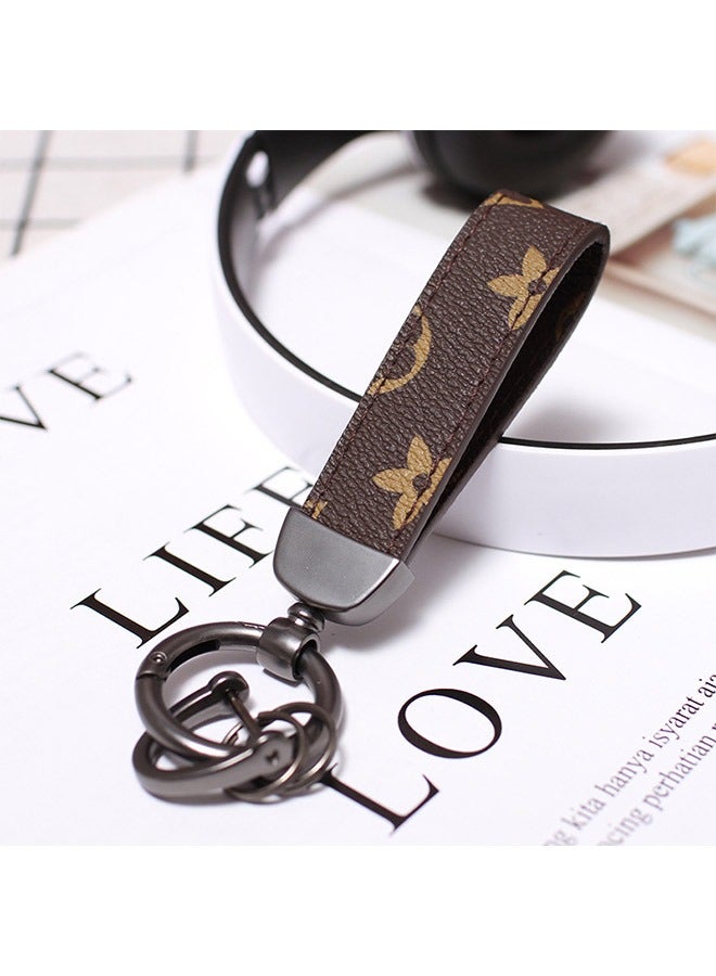 Car PU Leather Metal Keychains, Exquisite Printing Leather Zinc Alloy Ring 360° Rotation Car General Purpose Wrist Rope, Key School Bag Car Decoration Pendant (Brown) - Image 4