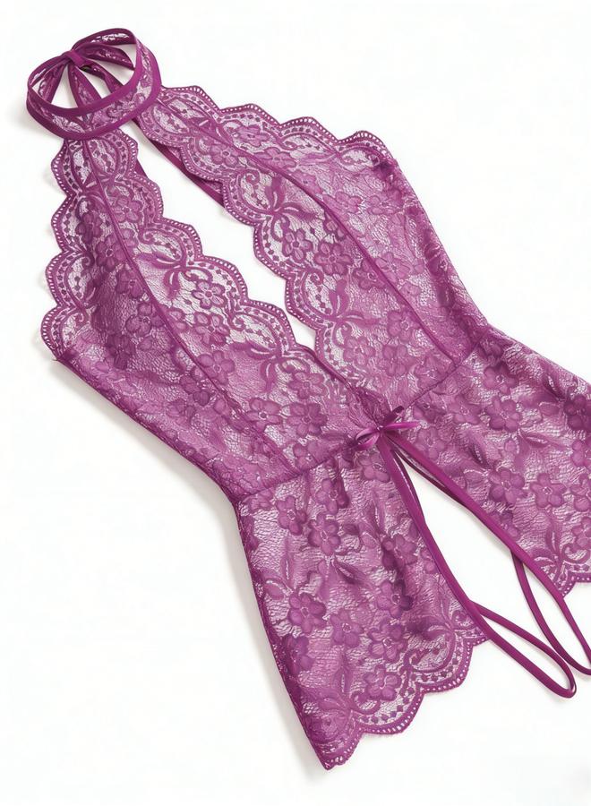 Take Two Purple Floral Lace Halter Neck Bodysuit - Image 3