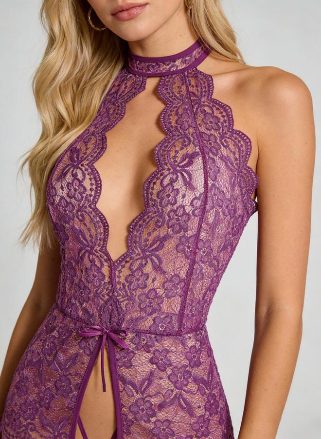 Take Two Purple Floral Lace Halter Neck Bodysuit - Image 5