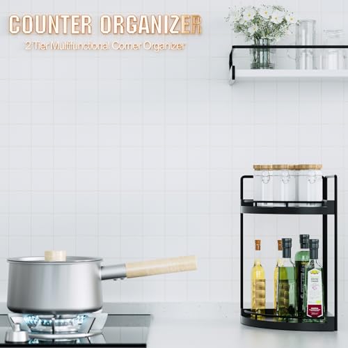 CeleVista Corner Bathroom Counter Organizer, 2 Tier Wood Vanity Storage, Waterproof Skincare Shelf for Kitchen & Toiletries Decor, Dresser (Black-2 Tier) - Image 3