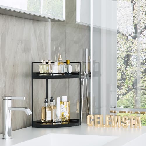 CeleVista Corner Bathroom Counter Organizer, 2 Tier Wood Vanity Storage, Waterproof Skincare Shelf for Kitchen & Toiletries Decor, Dresser (Black-2 Tier) - Image 2