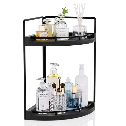 CeleVista Corner Bathroom Counter Organizer, 2 Tier Wood Vanity Storage, Waterproof Skincare Shelf for Kitchen & Toiletries Decor, Dresser (Black-2 Tier) - Image 1