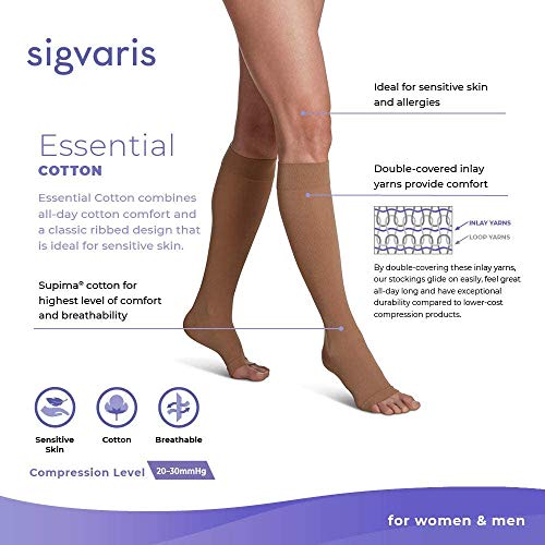 SIGVARIS Men’s & Women’s Essential Cotton 230 Open Toe Calf-High Socks 20-30mmHg - Light Beige - Extra Large Long - Image 2