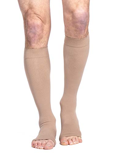 SIGVARIS Men’s & Women’s Essential Cotton 230 Open Toe Calf-High Socks 20-30mmHg - Light Beige - Extra Large Long - Image 4