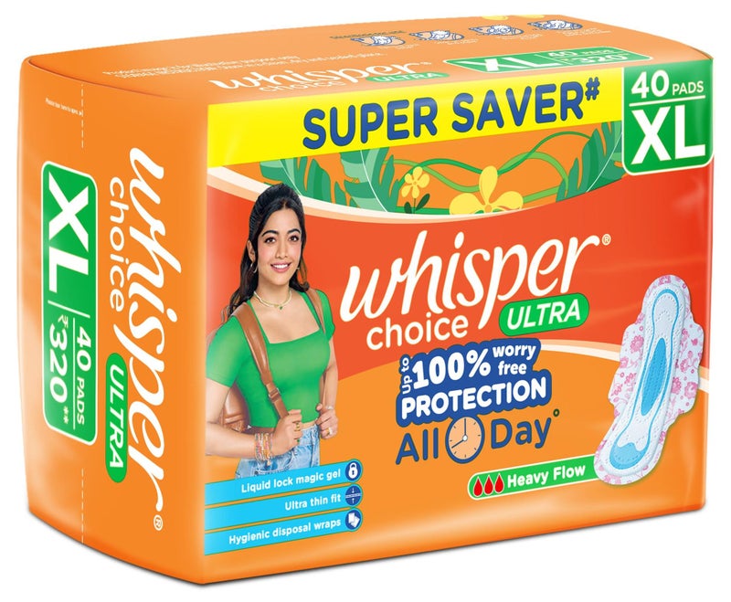 Whisper فوط صحية ويذر تشويس مع أجنحة للنساء، XL، 40 فوطة - Image 1