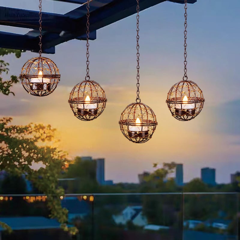 TWINKVILLA Outdoor Solar Hanging Lanterns Waterproof, Globe Hanging Candle Holder with Flickering Solar Powered Tea Lights, Chargeable Chandelier Light for Backyard Patio Garden Fence Tree Decoration-4Pack - Image 1