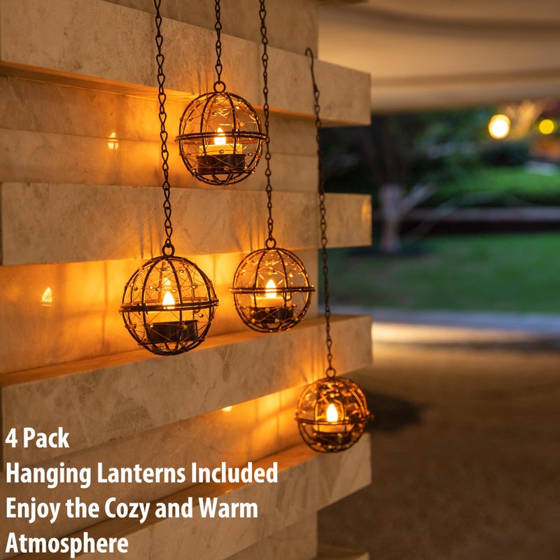 TWINKVILLA Outdoor Solar Hanging Lanterns Waterproof, Globe Hanging Candle Holder with Flickering Solar Powered Tea Lights, Chargeable Chandelier Light for Backyard Patio Garden Fence Tree Decoration-4Pack - Image 2
