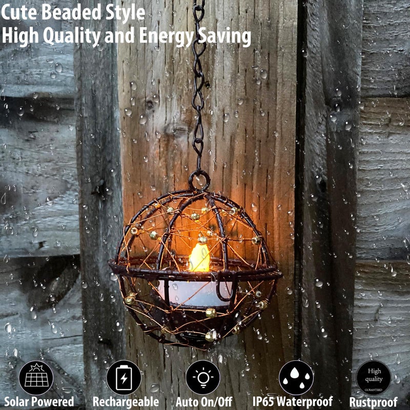 TWINKVILLA Outdoor Solar Hanging Lanterns Waterproof, Globe Hanging Candle Holder with Flickering Solar Powered Tea Lights, Chargeable Chandelier Light for Backyard Patio Garden Fence Tree Decoration-4Pack - Image 3