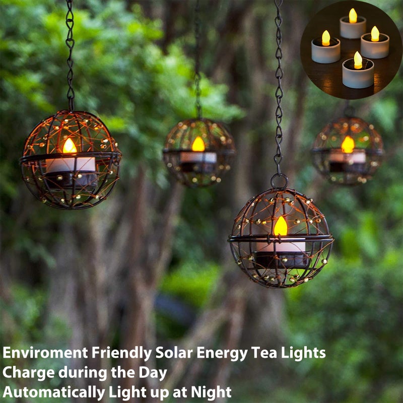 TWINKVILLA Outdoor Solar Hanging Lanterns Waterproof, Globe Hanging Candle Holder with Flickering Solar Powered Tea Lights, Chargeable Chandelier Light for Backyard Patio Garden Fence Tree Decoration-4Pack - Image 5
