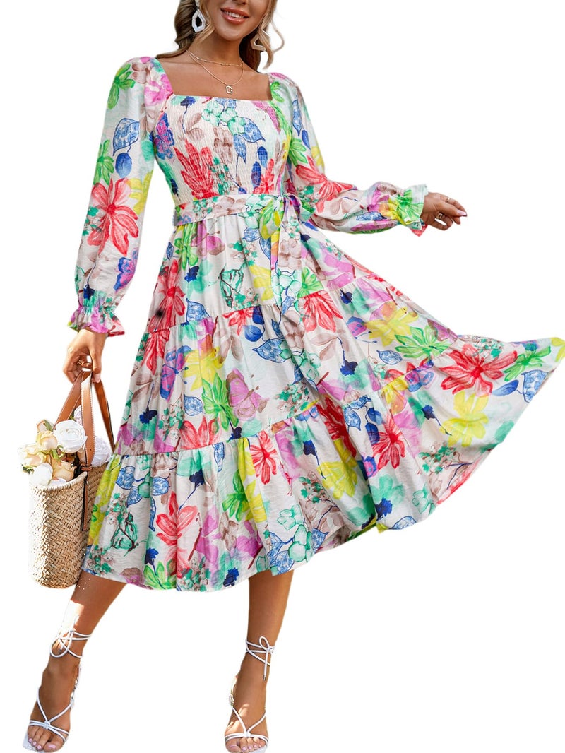 Amegoya Womens Spring Floral Long Sleeve Maxi Dress Square Neck Smocked Tiered Flowy Dress(A-Floral 3) - Image 1