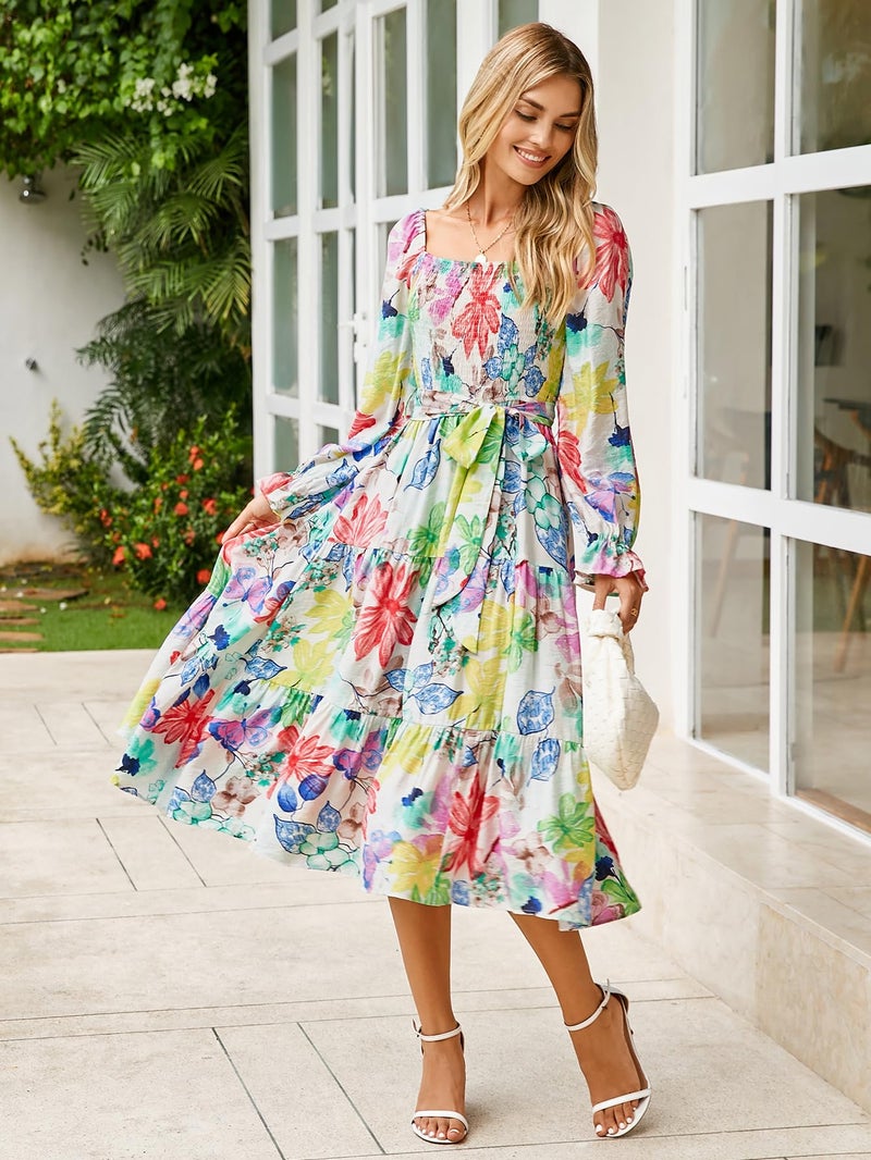 Amegoya Womens Spring Floral Long Sleeve Maxi Dress Square Neck Smocked Tiered Flowy Dress(A-Floral 3) - Image 5