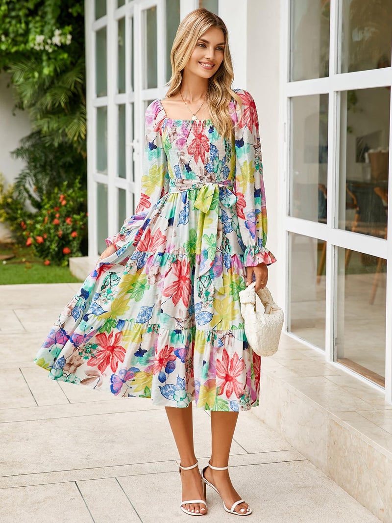 Amegoya Womens Spring Floral Long Sleeve Maxi Dress Square Neck Smocked Tiered Flowy Dress(A-Floral 3) - Image 2