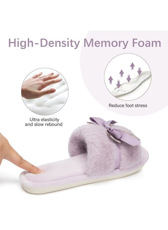 GOEWY Cute Bow Slippers for Women with Memory Foam Open Toe Fuzzy House Slippers Indoor Outdoor Anti-Skid Soft Birthday Gifts for Women Mom, Purple, 7-8 - Image 5
