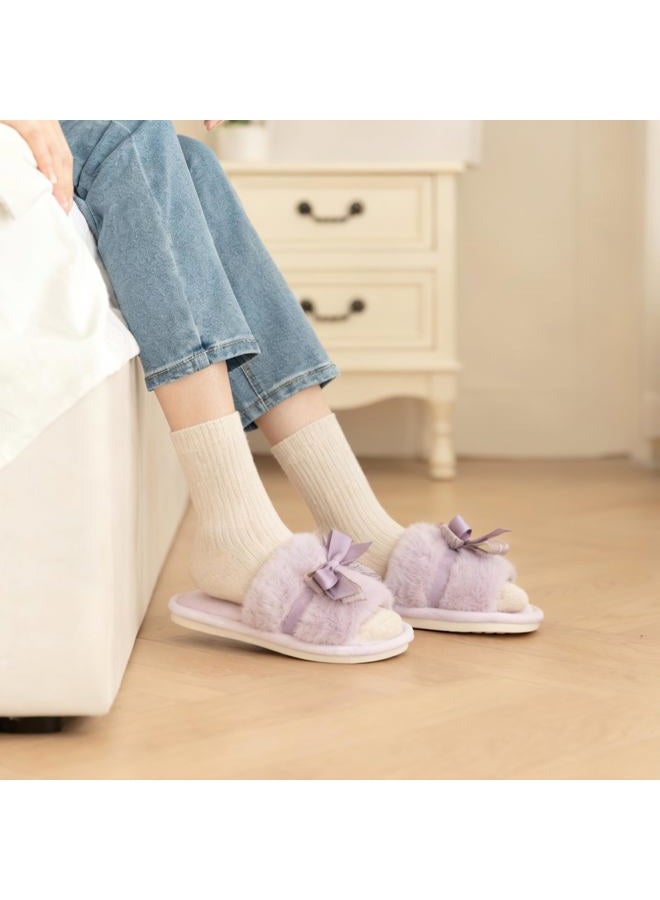 GOEWY Cute Bow Slippers for Women with Memory Foam Open Toe Fuzzy House Slippers Indoor Outdoor Anti-Skid Soft Birthday Gifts for Women Mom, Purple, 7-8 - Image 2
