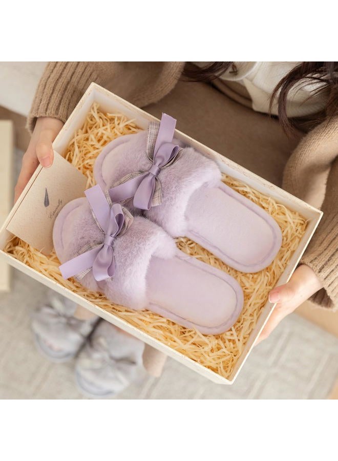 GOEWY Cute Bow Slippers for Women with Memory Foam Open Toe Fuzzy House Slippers Indoor Outdoor Anti-Skid Soft Birthday Gifts for Women Mom, Purple, 7-8 - Image 3