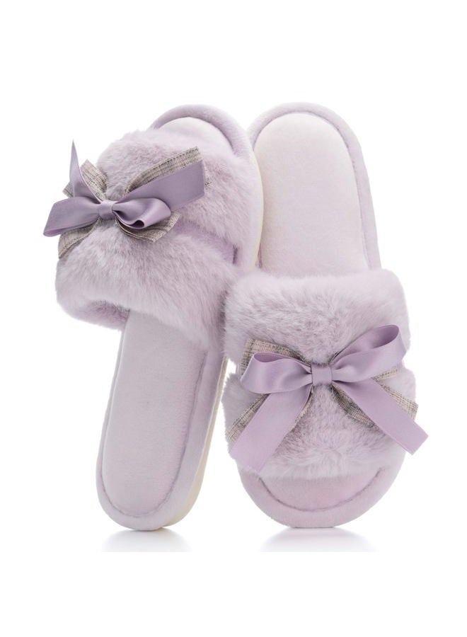 GOEWY Cute Bow Slippers for Women with Memory Foam Open Toe Fuzzy House Slippers Indoor Outdoor Anti-Skid Soft Birthday Gifts for Women Mom, Purple, 7-8 - Image 1