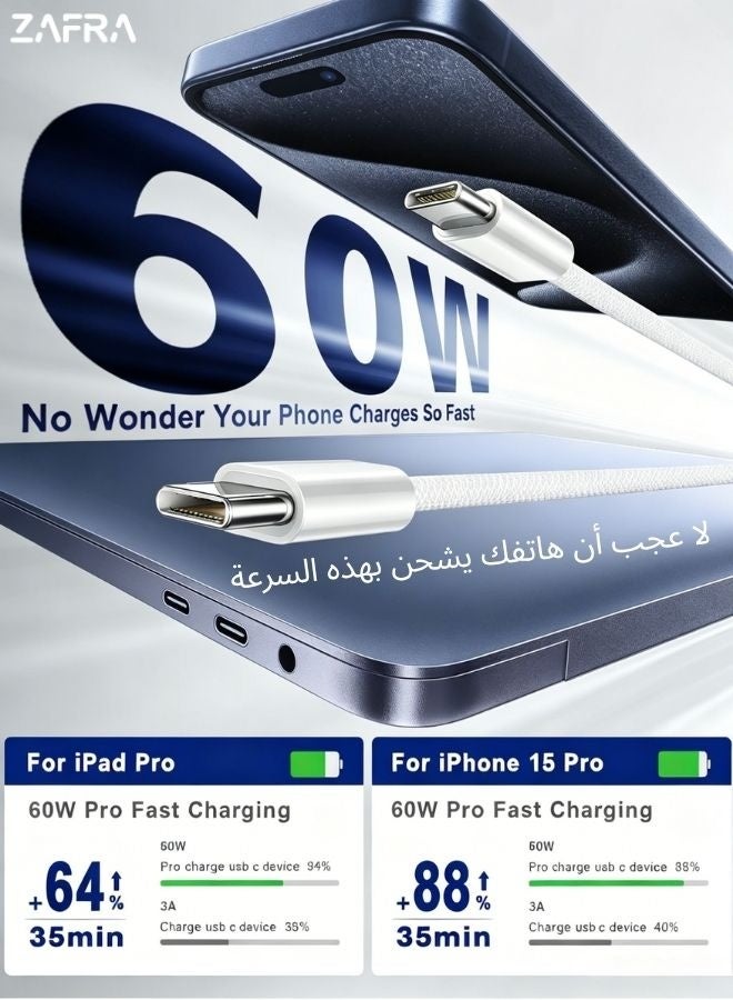 زَافِرَة كابل شحن سريع من النوع C إلى النوع C بقدرة 60 واط، سلك شاحن USB-C مضفر من النايلون بطول 1 متر، متوافق مع أجهزة iPhone 17/16/15، Samsung Galaxy S26/25/24 Ultra، Huawei، Xiaomi، iPad Pro، MacBook Air/Pro - Image 2
