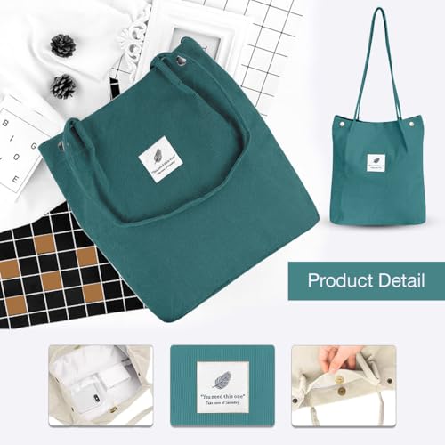 Lyrovo Women Corduroy Shoulder Tote Bag for Work Beach Travel and Shopping Grocery (Green) - Image 3