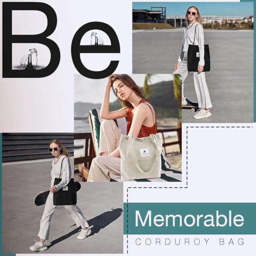 Lyrovo Women Corduroy Shoulder Tote Bag for Work Beach Travel and Shopping Grocery (Green) - Image 5