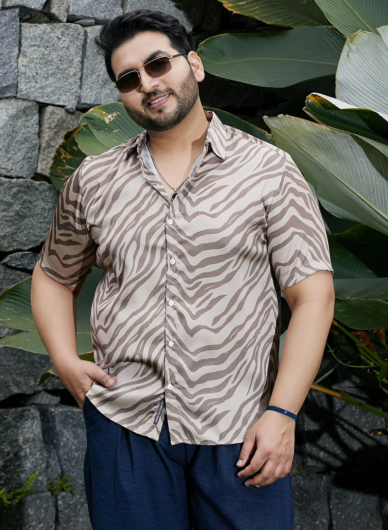 Instafab Plus Instafab Plus Men's Ash Brown Zebra Satin Shirt For Casual Wear | Cuban Collar | Short Regular Sleeves | Button Closure | Plus Size Shirt Crafted With Comfort Fit For Everyday Wear