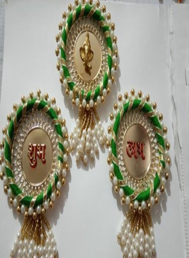 BDS Creations SHUBH-LABH Satin Side Door Hangings with Flower Border for Door Decoration/Diwali Decoration (Green)