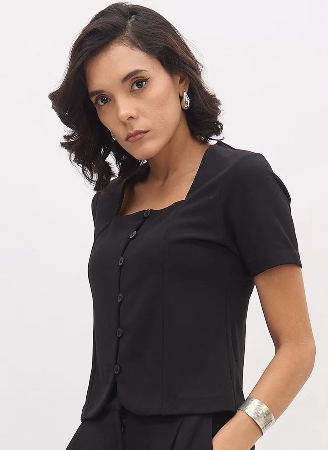 ساسافراس Textured Black Square Neck Formal Top for Women