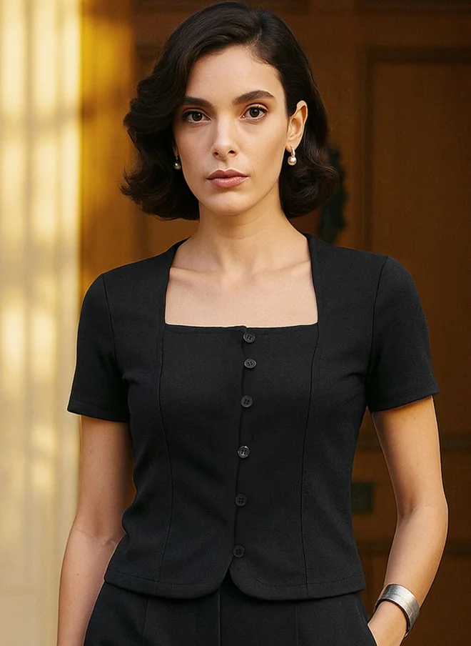ساسافراس Textured Black Square Neck Formal Top for Women