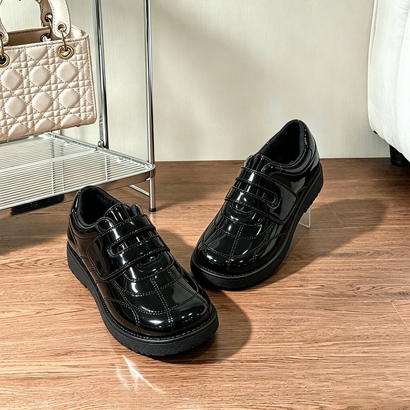 Kids' Velcro Leather Shoes 2026 New Style Black British Style Boys Girls Performance Shoes Soft Sole Student Shoes - Image 1