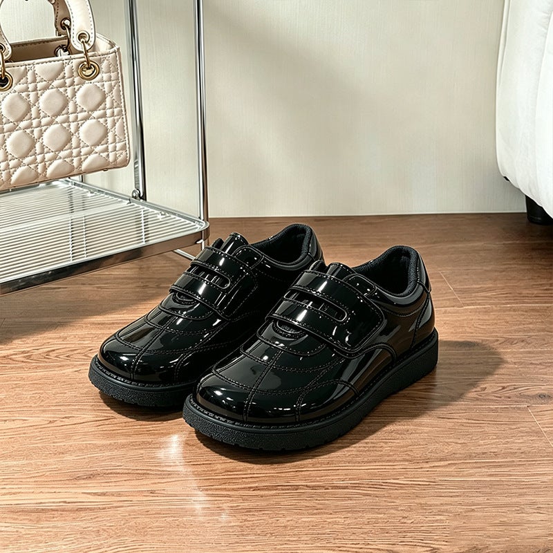 Kids' Velcro Leather Shoes 2026 New Style Black British Style Boys Girls Performance Shoes Soft Sole Student Shoes - Image 4