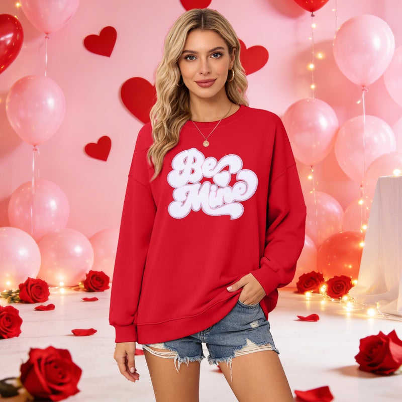 VILOVE Valentine Sweatshirts for Women Be Mine Glitter Patch Valentine Shirts Oversized Love Heart Holiday Outfits Red - Image 3