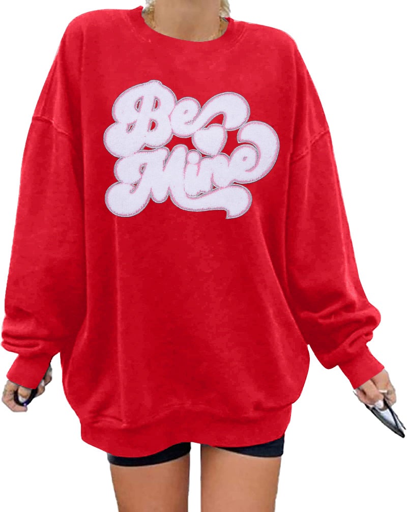 VILOVE Valentine Sweatshirts for Women Be Mine Glitter Patch Valentine Shirts Oversized Love Heart Holiday Outfits Red - Image 1