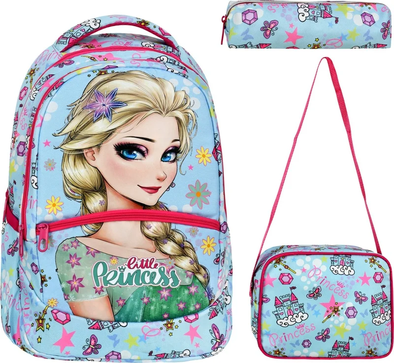 Çantaland 3-Pack Primary School Frozen Patterned, Girls Lunch Box and Pencil Case School Bag