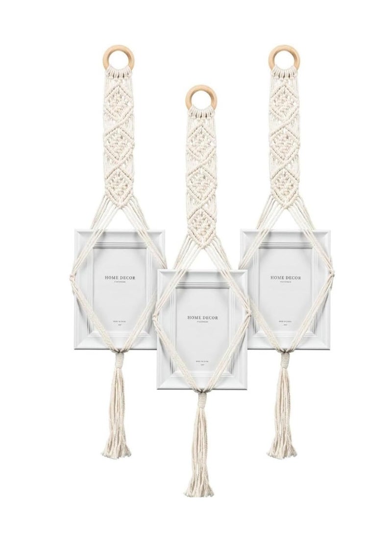 مجموعة من 3 علاقات إطار صورة مكرمية، ديكور حائط بوهو مع حلقة خشبية وشرابات، لون أبيض - Image 1