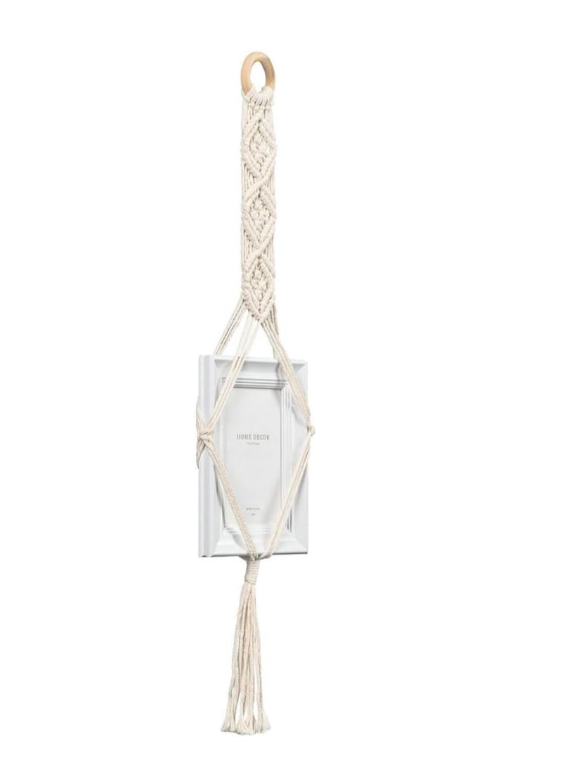 مجموعة من 3 علاقات إطار صورة مكرمية، ديكور حائط بوهو مع حلقة خشبية وشرابات، لون أبيض - Image 2