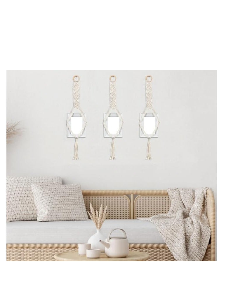 مجموعة من 3 علاقات إطار صورة مكرمية، ديكور حائط بوهو مع حلقة خشبية وشرابات، لون أبيض - Image 3