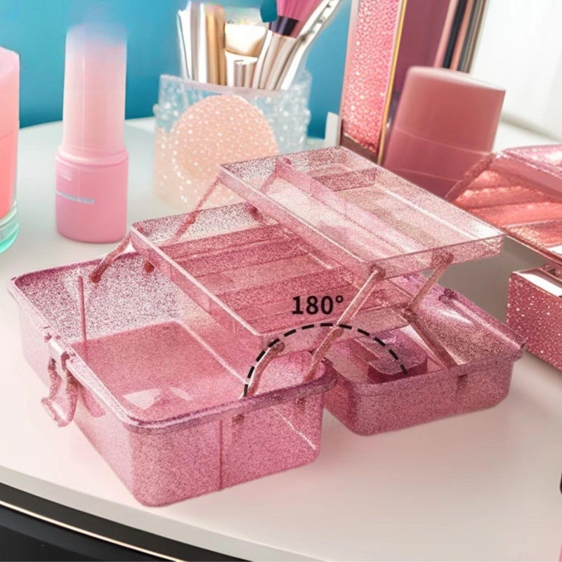 Saim Storage Bins,Three-Layer Multipurpose Art & Craft Storage Container,Carry Tackle Organizer,Medicine Cosmetic Art Supply Box for Art Supply Makeup Hair Accessories Painting Tools - Pink - Image 3