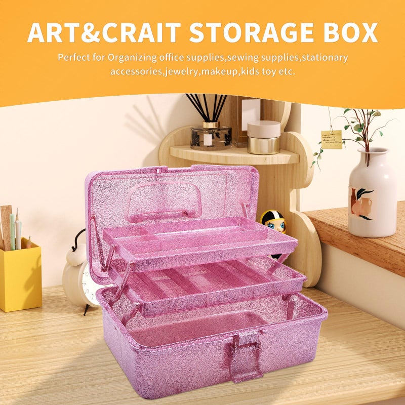 Saim Storage Bins,Three-Layer Multipurpose Art & Craft Storage Container,Carry Tackle Organizer,Medicine Cosmetic Art Supply Box for Art Supply Makeup Hair Accessories Painting Tools - Pink - Image 4