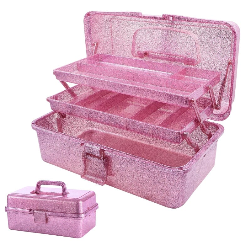 Saim Storage Bins,Three-Layer Multipurpose Art & Craft Storage Container,Carry Tackle Organizer,Medicine Cosmetic Art Supply Box for Art Supply Makeup Hair Accessories Painting Tools - Pink - Image 1