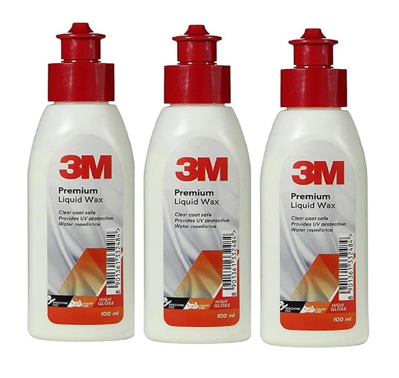 3M Premium Liquid Wax, Restores Car Paint Gloss, Water Repellent and UV Protection (100ml Each, Pack of 3) - Image 1