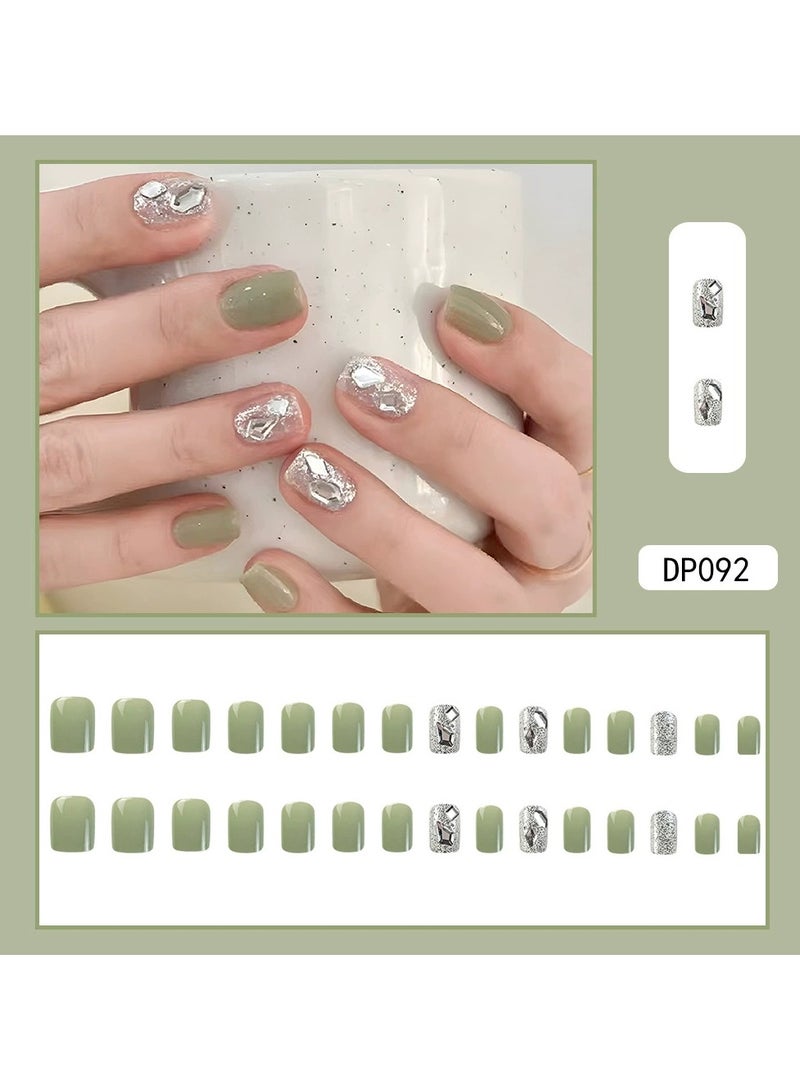 Goolsky أظافر لامعة خضراء قابلة للتثبيت - أسلوب حلو وبارد، أظافر مزيفة باللون الأخضر التفاحي 24 قطعة، قابلة لإعادة الاستخدام، للحفلات/الملابس العادية - Image 1