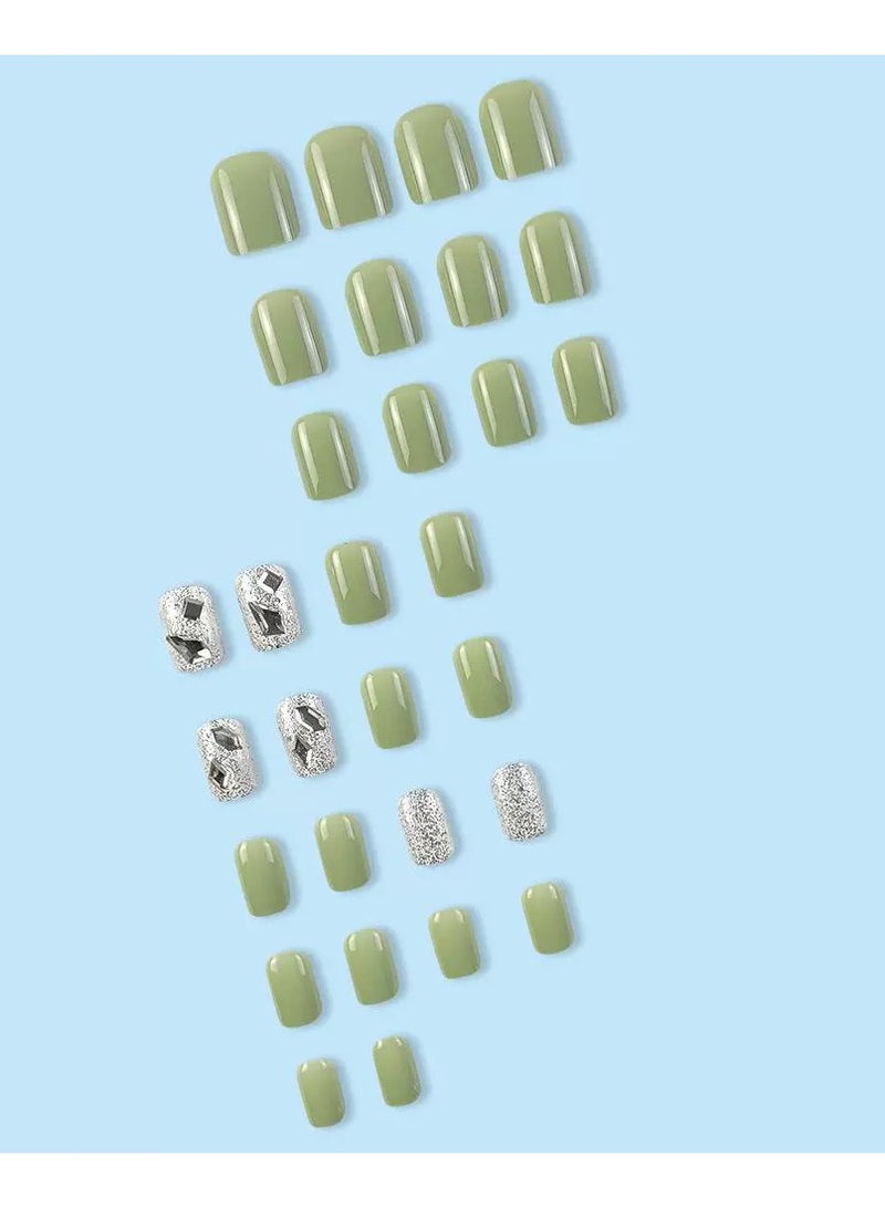 Goolsky أظافر لامعة خضراء قابلة للتثبيت - أسلوب حلو وبارد، أظافر مزيفة باللون الأخضر التفاحي 24 قطعة، قابلة لإعادة الاستخدام، للحفلات/الملابس العادية - Image 2