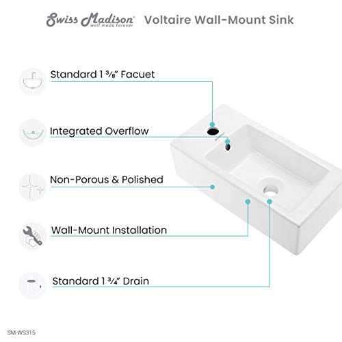 Swiss Madison Voltaire 19.5 x 10 Rectangular Ceramic Wall Hung Sink with Left Side Faucet Mount - Image 3