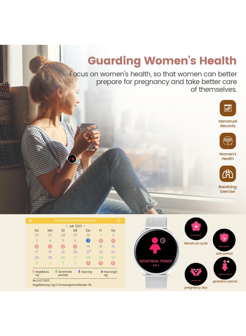 Arabest Smart Watch for Women, 1.39" Fitness Watch with HR/BP/SpO2 Monitor, Female Cycle Tracking, IP67 Waterproof, 113 Sport Modes for Android & iPhone (Silver) - Image 3