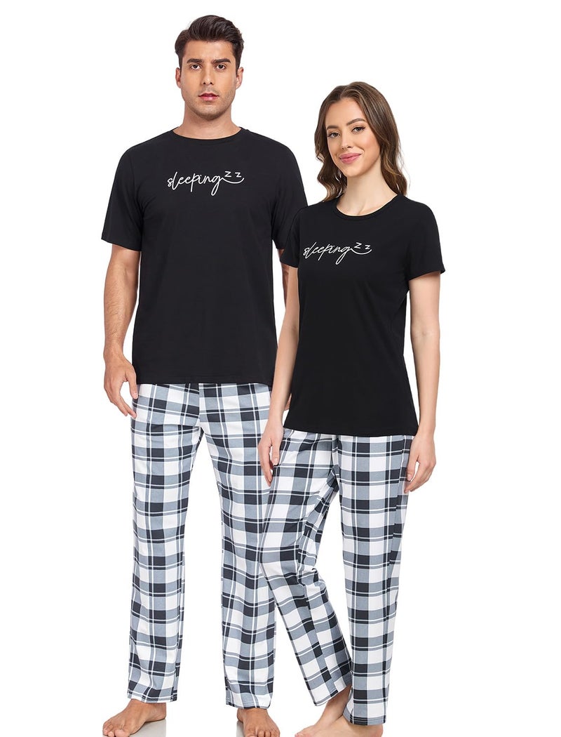 EISHOPEER Cotton Matching Pajamas for Couples Printed Short Sleeve Top Long Pants Sleepwear Black Plaid Large