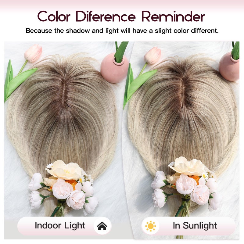 EMMOR Human Hair Toppers for Women Short Bob Real Hair with Bangs 10" Side Part Hairpieces for Women with Thin Hair 6.5" Ã— 6.5" Larger Base Human Wig Toppers(Ombre Gray Blonde) - Image 5