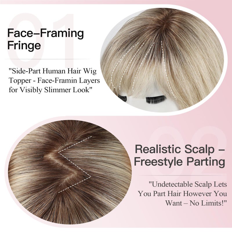EMMOR Human Hair Toppers for Women Short Bob Real Hair with Bangs 10" Side Part Hairpieces for Women with Thin Hair 6.5" Ã— 6.5" Larger Base Human Wig Toppers(Ombre Gray Blonde) - Image 3