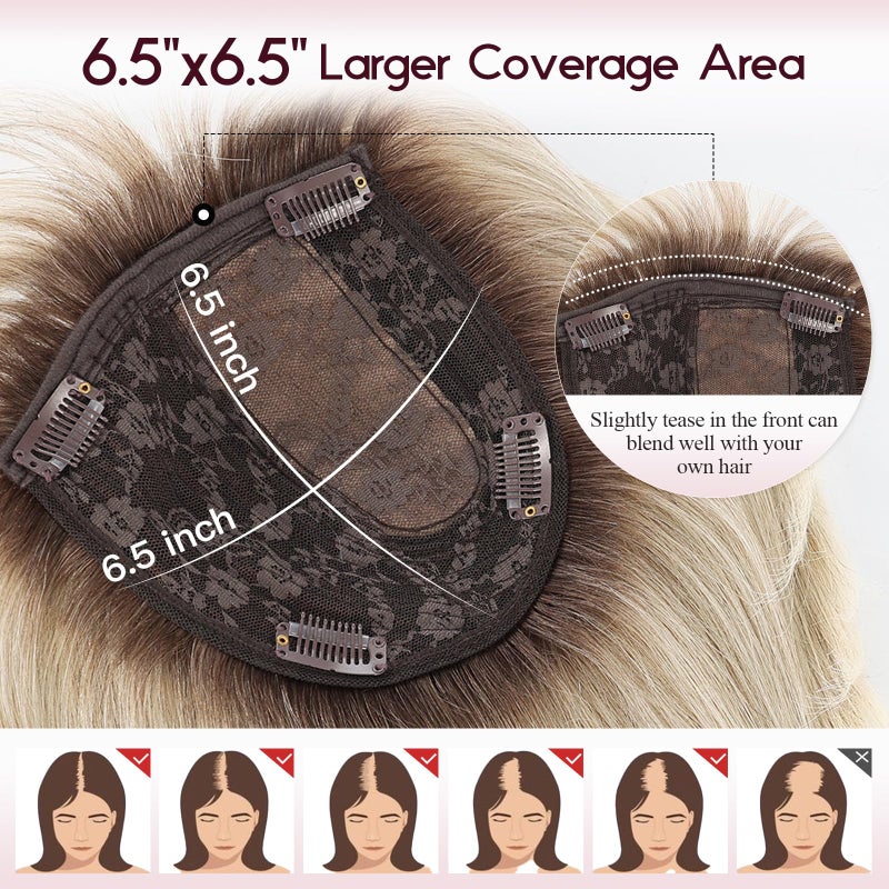 EMMOR Human Hair Toppers for Women Short Bob Real Hair with Bangs 10" Side Part Hairpieces for Women with Thin Hair 6.5" Ã— 6.5" Larger Base Human Wig Toppers(Ombre Gray Blonde) - Image 4