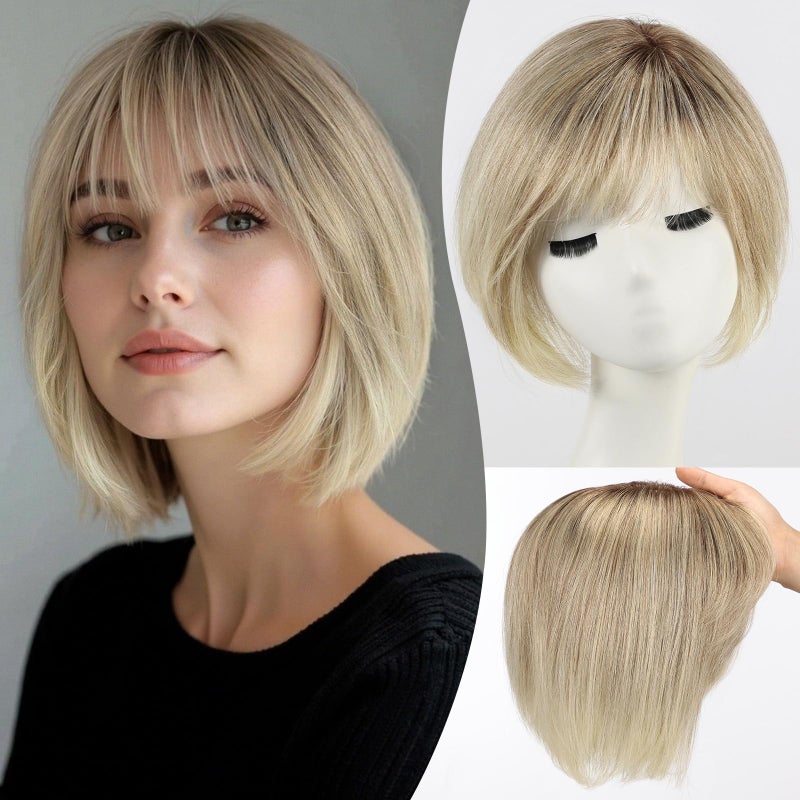 EMMOR Human Hair Toppers for Women Short Bob Real Hair with Bangs 10" Side Part Hairpieces for Women with Thin Hair 6.5" Ã— 6.5" Larger Base Human Wig Toppers(Ombre Gray Blonde) - Image 1